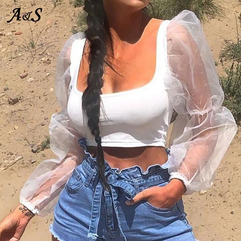 

Anbenser Women Summer Mesh Spliced Blouses Puff Sleeve Womens Tops and Blouses Elegant White Black Sexy Vintage Shirt Women