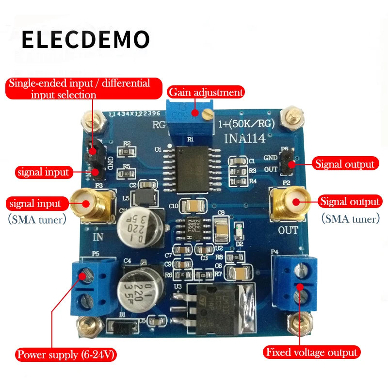 INA114 module instrumentation amplifier 1000 times gain adjustable single power supply single ended differential input 2