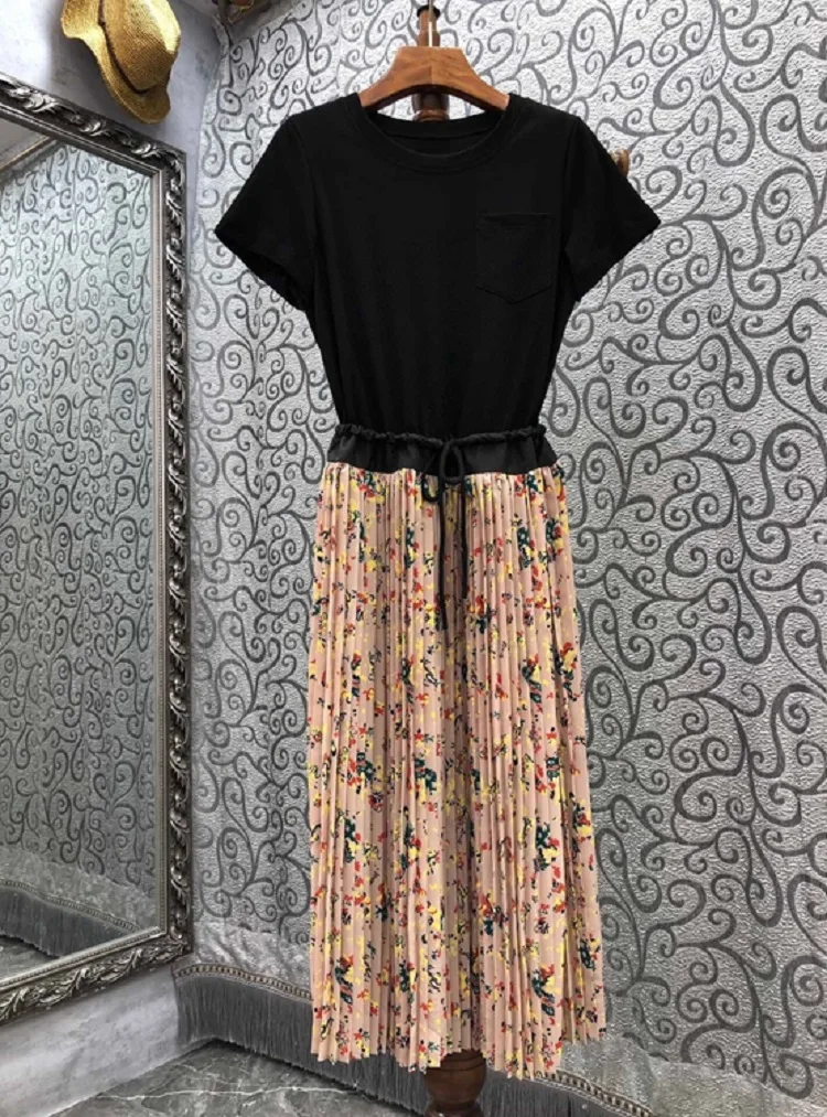 One Piece Dress 21 Autumn Winter Fashion Designer Women Vintage Print Patchwork Mid Calf Length Casual Pleated Dress Cotton Dresses Aliexpress