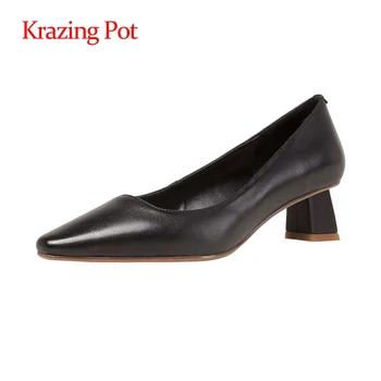 

Krazing Pot real leather high street fashion square toe med strange heel slip on beauty lady superstar modern women pumps L04