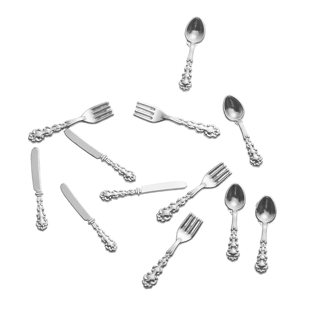 12Pcs 1:12 Mini Vintage Dollhouse Miniatures Tableware Gold Silver Metal Cutlery Knife Fork Spoon Kitchen Food Furniture Toys kitchen toys pretend kitchen toys doll house toys dollhouse furniture set