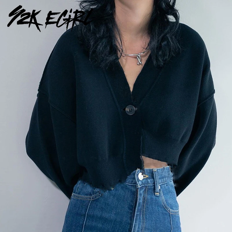 

Y2K EGIRL Solid Single Button Long Sleeve Oversized Sweatshirts Casual Loosed V-neck Cropeed Tops Fashion Chic Autumn Streetwear