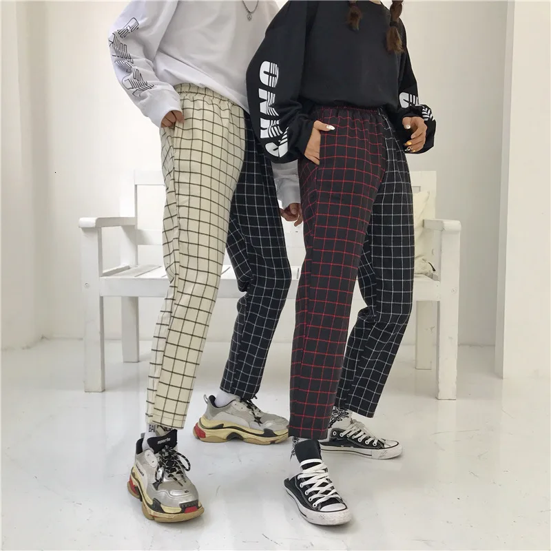 Vintage Paid Patchwork Pants Harajuku Woman Man Pants Elastics Tall Tail Pants Korean Causal Rights Pants