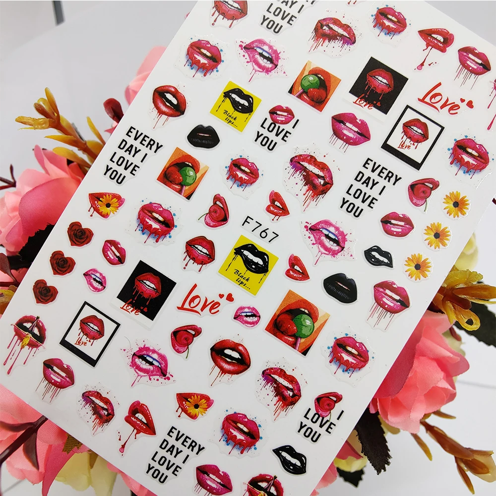 

3D Nail Sticker Art I Love You Sexy Red Lips Kiss Sliders for Nails Decoraciones Foil Self Adhesive Design Manicure Accessories