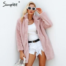 Женское розовое мохнатое пальто Simplee,осенняя, зимняя женская элегантная уличная одежда, женское теплое плюшевое праздничное пальто из искусственного меха большого размера
