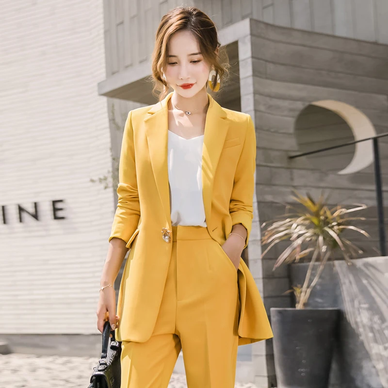 Высокое качество дамы желтый костюм осень мода профессиональные брюки костюм большой размер тонкий длинный Блейзер Женский костюм из двух частей