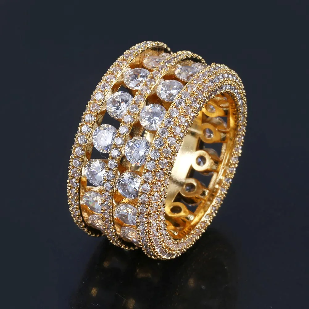 

18K Gold Plated Copper Cubic Zirconia Double Row Hollow Ring Men's Fashion Jewelry Hip Hop Ring