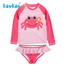 Kavkas Kids Girls Two Pieces Swimming Set Summer Baby Girls Swimwear Crab Printed Swimsuit Infantil Falbala Rash Guards Set