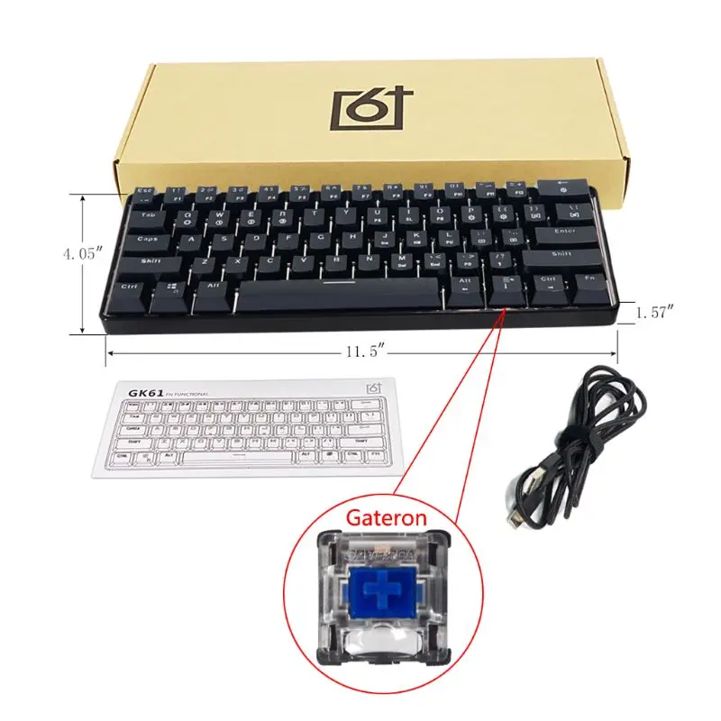 GK61 61 Ключ механическая клавиатура USB Проводная светодиодный подсветка оси игровая механическая клавиатура для рабочего стола - Цвет: GateronBL