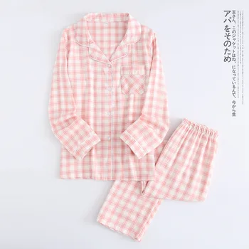 

2 Pcs Long Sleeve Summer Women's Pajamas Cotton Plus Size Sleepwear Set Plaid Print Ladies Pajamas Set Femme Pyjamas Home Suit