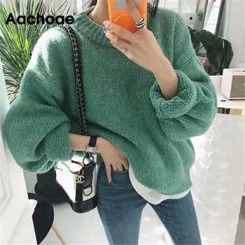 Image of Aachoae Sweater Women  Autumn Winter Solid O Neck Pullover Sweaters Korean Style Knitted Long Sleeve Jumpers Casual Tops