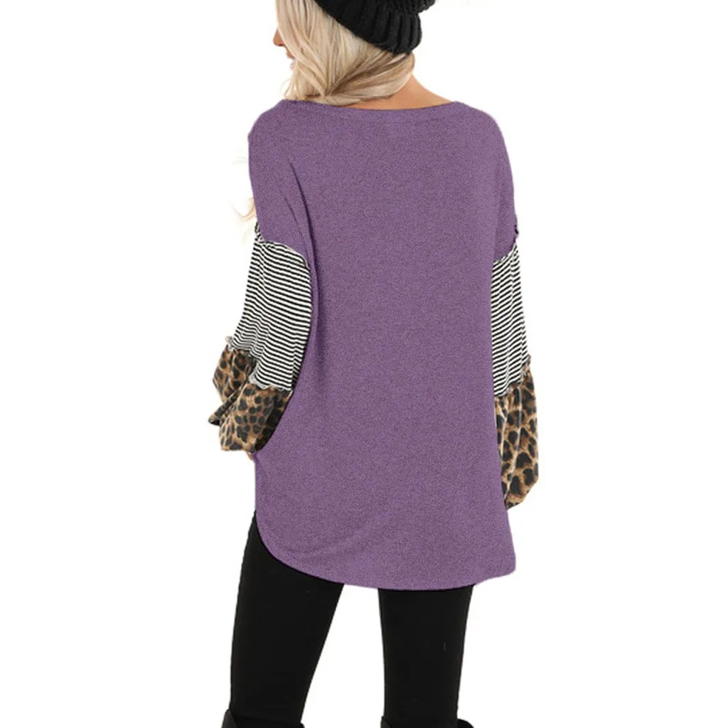 Feitong, женская футболка, Леопардовый принт, длинный рукав, o-образный вырез, Сращивание, полосатые, повседневные топы, пэчворк, пуловеры, футболки, женская одежда