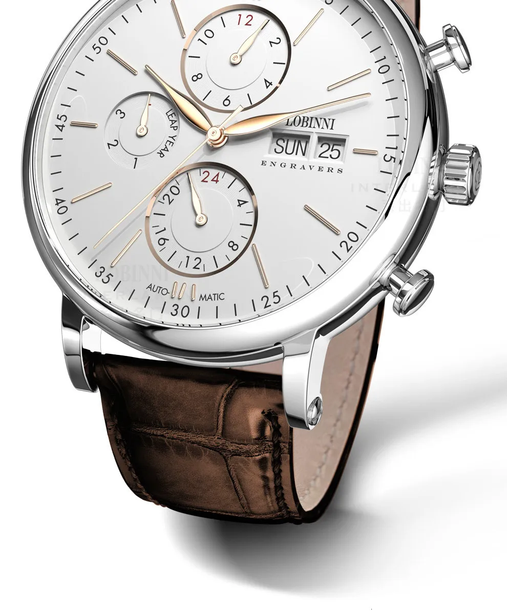 Модный бренд Switzerland LOBINNI мужские часы вечный календарь Авто Механические Мужские часы сапфировый белый montre homme