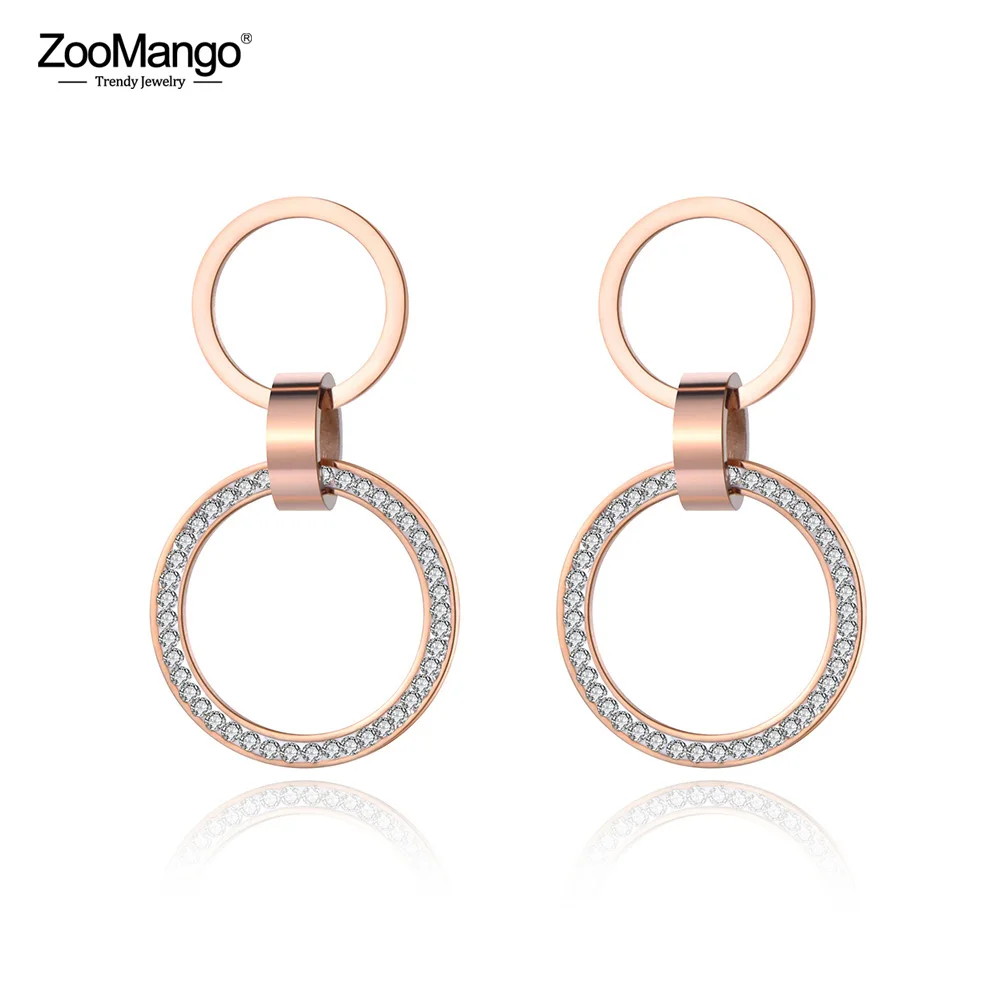 

ZooMango Double Circle Titanium Stainless Steel Stud Earrings Rose Gold Handmade Clay White Crystals Jewelry For Women ZE19010
