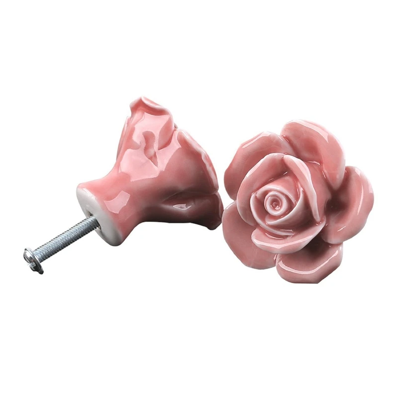 

10 Pcs Ceramic Vintage Floral Rose Flower Door Knobs Handle Drawer Kitchen + Screws (Pink)