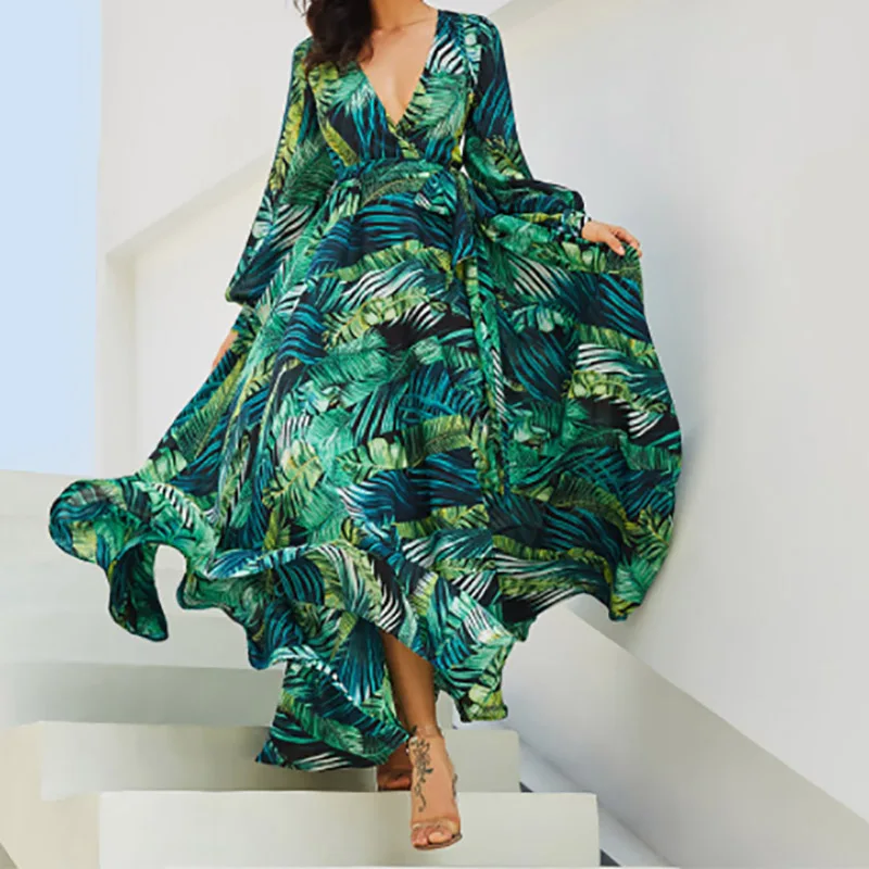 

Hot Sale Dress Casual V Neck Belt Lace Up Tunic Draped Dress Print Long Sleeve Dress Green Tropical Beach Vintage Maxi Dresses