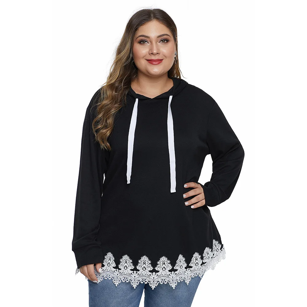 Осенне-зимние свитшоты размера плюс 5XL, женские свитшоты с длинным рукавом и кружевными вставками, свободные свитера с капюшоном большого размера, пуловеры с капюшоном - Цвет: Черный