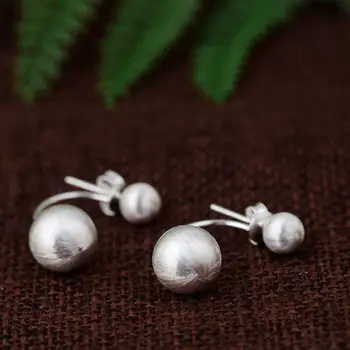 

FNJ wire drawing Double Ball Earrings 925 Silver New Fine 100% Pure S925 Sterling Silver Earring for Women Jewelry