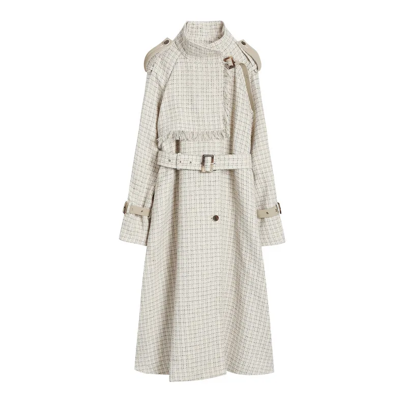 Design Plaid Trench Coat Women Office Lady Coat A-Line Elegant Trench Windbreaker Belt Tassel Long Coat Women Streetwear