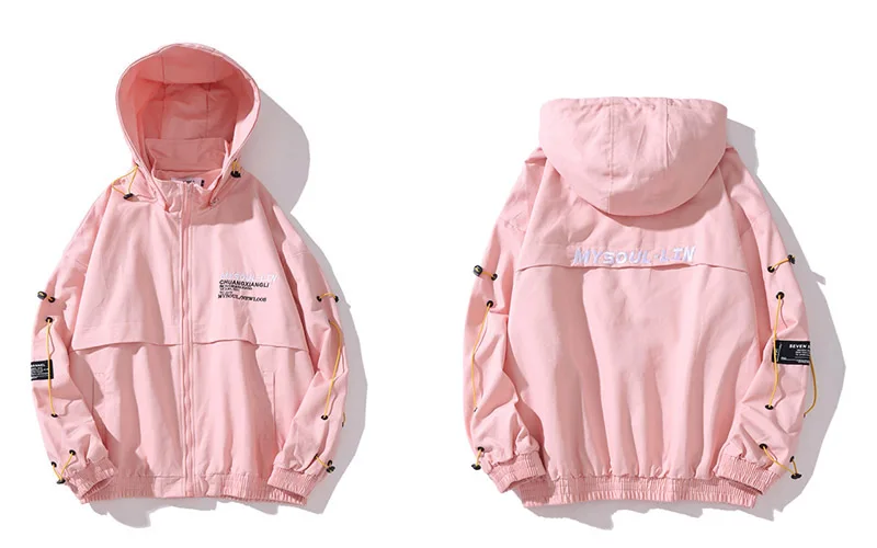 Harajuku буквы Embroid куртка мужская хип хоп Уличная куртка с капюшоном Ветровка Весна Япония воротник Мандарин жакет пальто толстовка с капюшоном - Цвет: Розовый