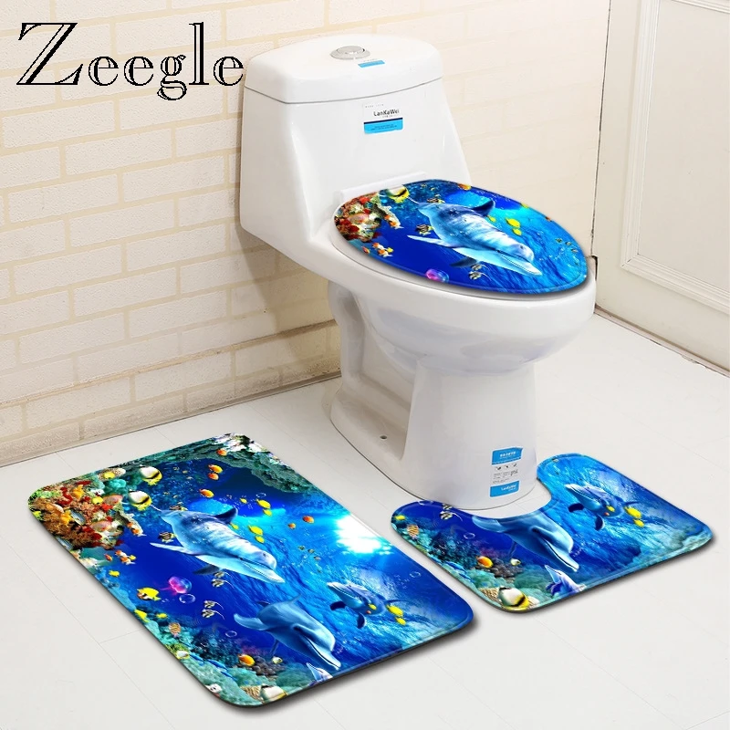 Zeegle 3Pcs Toilet Bath Mats Anti Slip Bathroom Mat Bath Rugs Abosrbment Bathroom Carpets Toilet Area Rugs Sea Scenery Rug