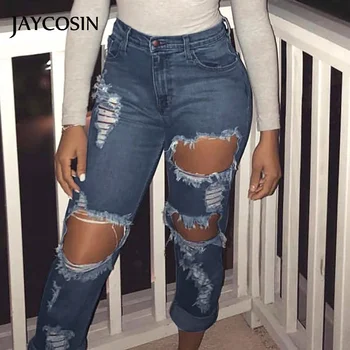 

JAYCOSIN Jeans Women Pocket Hole Denim Button Zipper Trousers Sexy Slim Skinny Cowboy Fold Pants Elastic Full Length Cowboy New