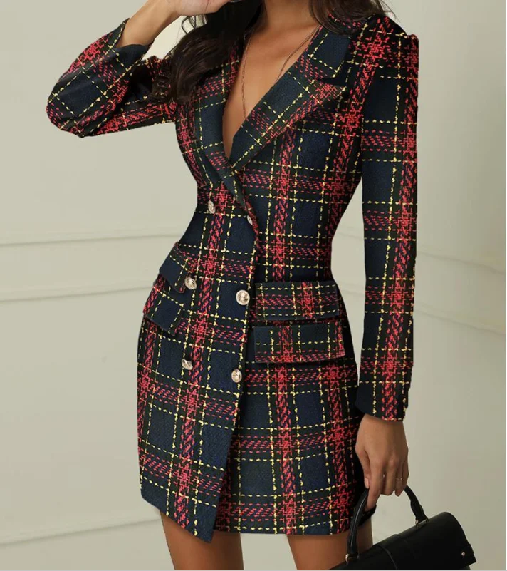 Autumn and winter explosions Plaid print suit Double-breasted Blazer Jacket Women elegant business high waist coat top - Цвет: 1