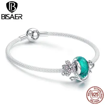 

BISAER 925 Sterling Silver Bracelet Unique Design Flower Charm Murano Glass Beads Charms Bracelets Women Valentine Gift GXB822