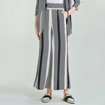 

HAVVA 2020 Summer New Polka Dot Black and White Striped Flowing Tulle Wide-leg Casual Trousers for Women K4981