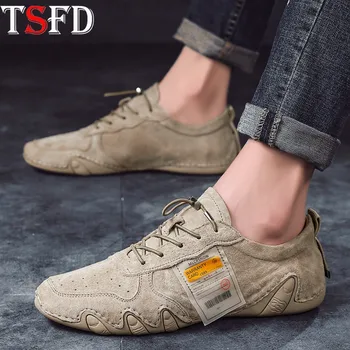 

Soft Leather Sneakers Comfortable Men's Summer Shoes Man Leather Flats Moccasin Man Driving Shoes Wild Round Toe Lazy Shoes Y17