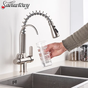 

Deck-Mounted Kitchen Faucet Brass Kitchen Faucet With Pure Water, Spring Faucet 360 ° Rotation Pull Out Style Hot And Cold Water