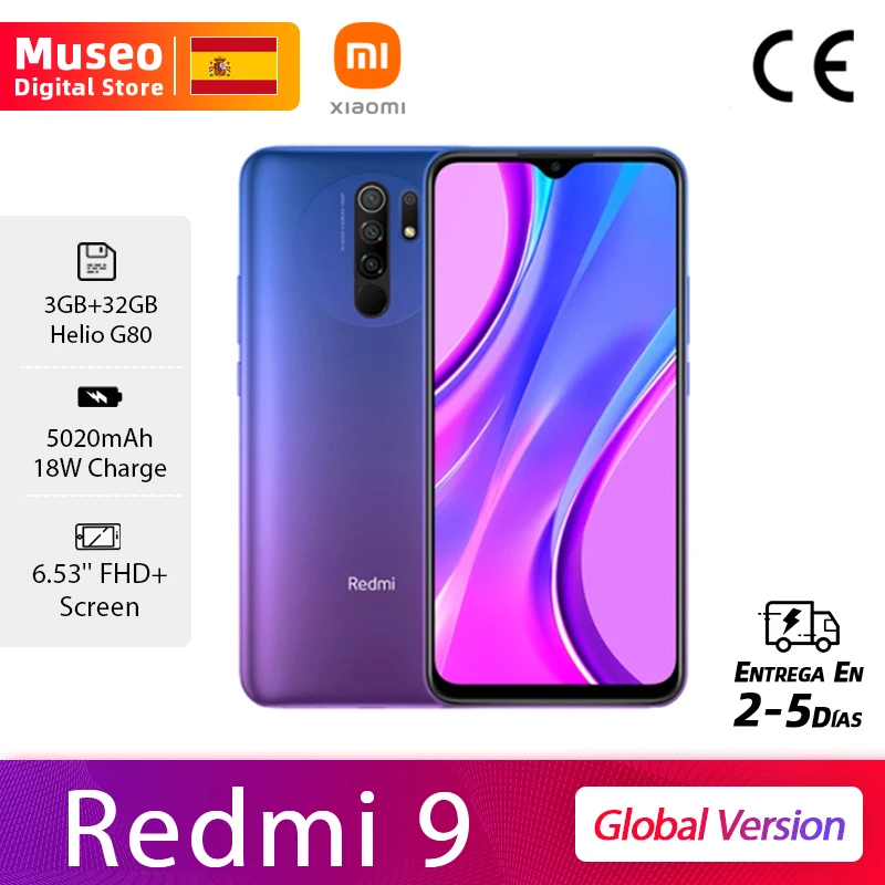 Xiaomi Redmi 9, Versión Global, 3GB/4GB RAM 32GB/64GB ROM, MTK Helio G80 Móviles, 6.53 FHD+ Pantalla, 13MP AI Quad Cámara, 5020mAh