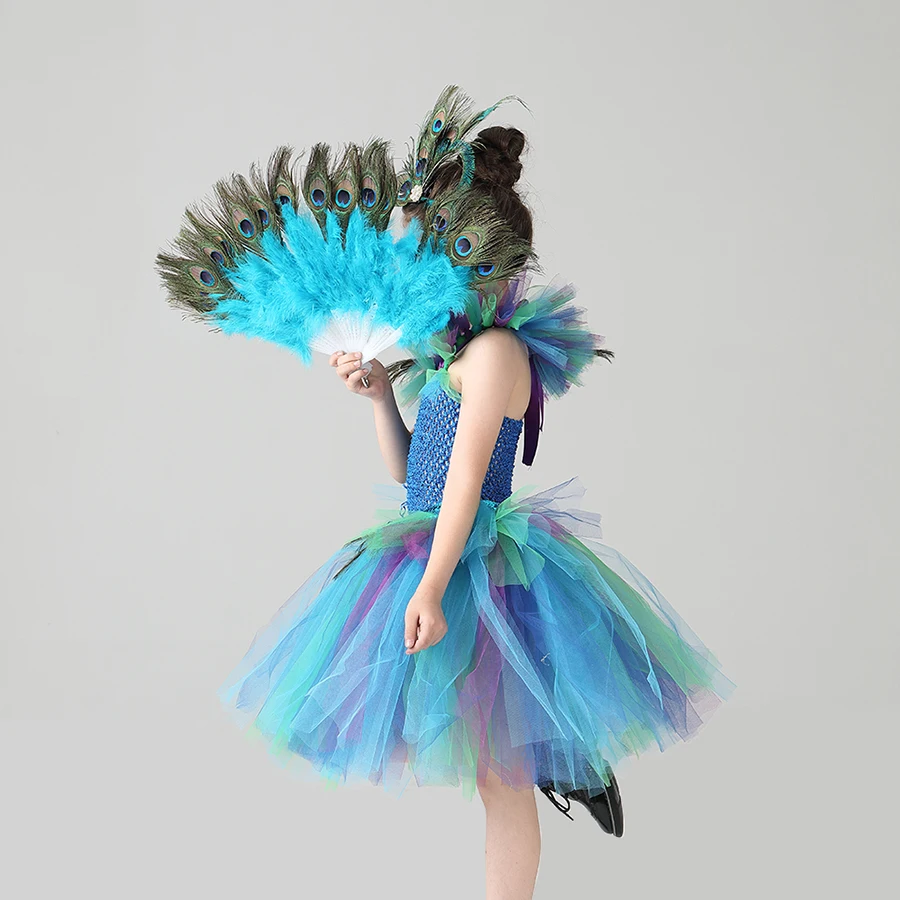Couture Royal Peacock Girls Tutu Dress with Feather Clip Peacock Bird Carnival Fancy Dress for Kid Halloween Party Purim Costume (8)