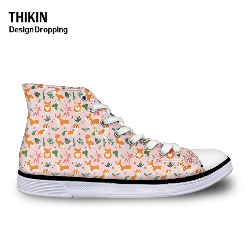 

THIKIN 2019 Autumn Women Vulcanize Shoes with Lovely Corgi Leaf Pattern Students Girl Canvas High Top Shoes Female Calzado Mujer