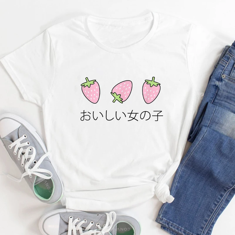 Три клубники Цветной футболка с принтом в виде Kawaii цвета спелой земляники