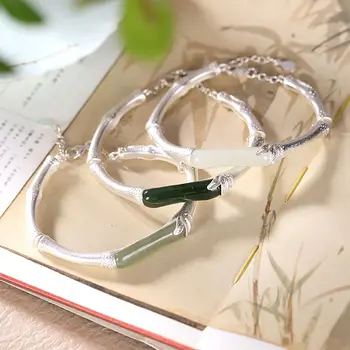 

new inlaid natural Hetian Chalcedony bamboo bracelet Chinese style classic niche design adjustable women's brand jewelry