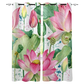 

Plant Pink Lotus Green Leaf Art Printed Window Curtains Living Room Bedroom Curtains Polyester Cloth Home Decor