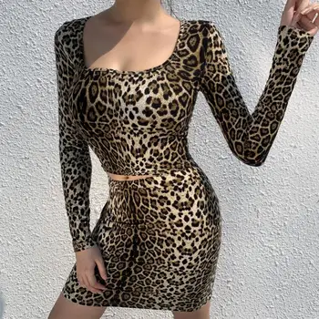 

Women Sexy Clothing Set Ladies U-shaped Collar Leopard Printing Long Sleeve Splicing Top Mini Skirt Gloves Bodycon Slim Suit