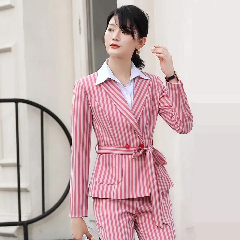 Dushicolorful Женский блейзер с поясом зубчатый длинный рукав корейская мода полосатая Женская куртка осенний Женский Повседневный костюм верхняя одежда - Цвет: Pink striped blazer