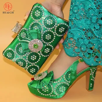 

Latest Green Color Shoe and Bag Set Crystals Women Shoes and Bag Set African Wedding Sandals Italian Shoes with Matching Bag Set