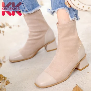 

KemeKiss New Real Leather Ankle Boots Square Toe Patchwork Shoes Sock Boots Slip On Shoes Casual Footwear Outdoor Size 34-39