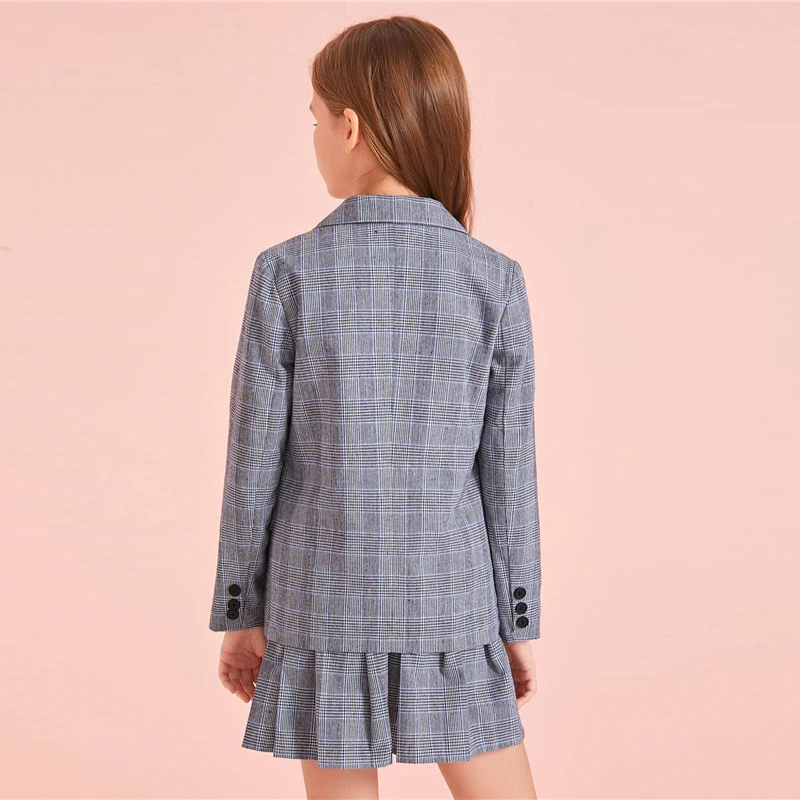 SHEIN/детский серый клетчатый блейзер с отложным воротником и короткая юбка элегантный комплект для детей, г. Осенний повседневный костюм с длинными рукавами на пуговицах