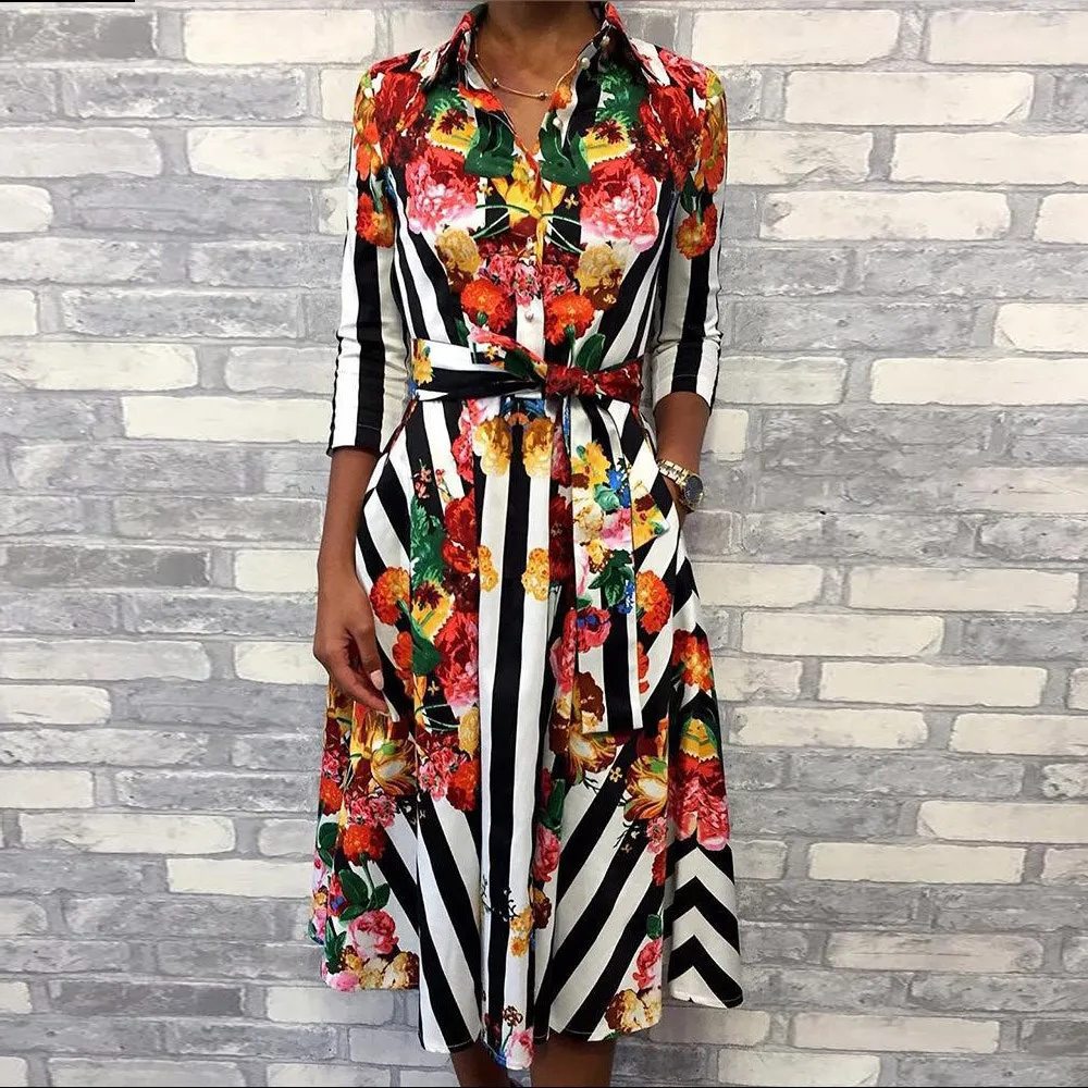 Vrouwen Zomer Bloemen Half Mouw Jurken Sjerpen Dames Revers Shirt Jurk Mid Streep Gedrukt Jurk Vrouwen Zomer Bloemen Half Mouw Jurken Sjerpen Dames Revers Shirt Jurk Mid Streep Gedrukt Jurk