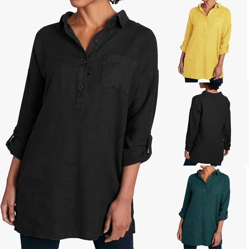 

2019 Vintage Turn Down Collar Blouse ZANZEA Women Solid Loose Cotton Buttons Shirt Ladies Casual Tops Tunic Blusas Plus Size 5XL