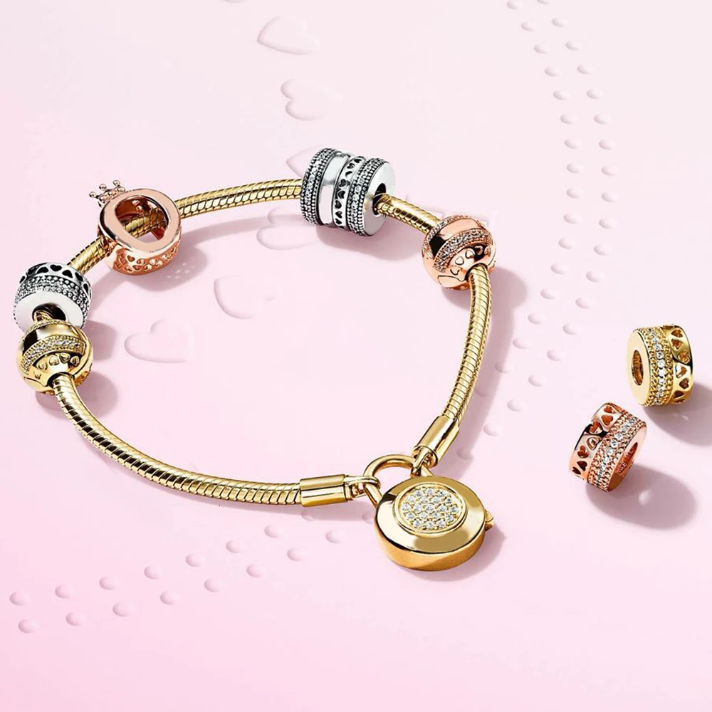 

100% 925 silver sterling glitter Crown the charm pink hearts of the spacing charm clip hearts bracelet moments together