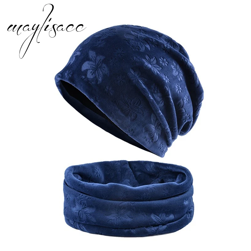 Maylisacc 6 цветов одноцветное Цвета зима теплая шапка с шарфом кольцо Мода Тиснение цветок шляпа для Для женщин шарфы с шляпа набор - Цвет: Navy
