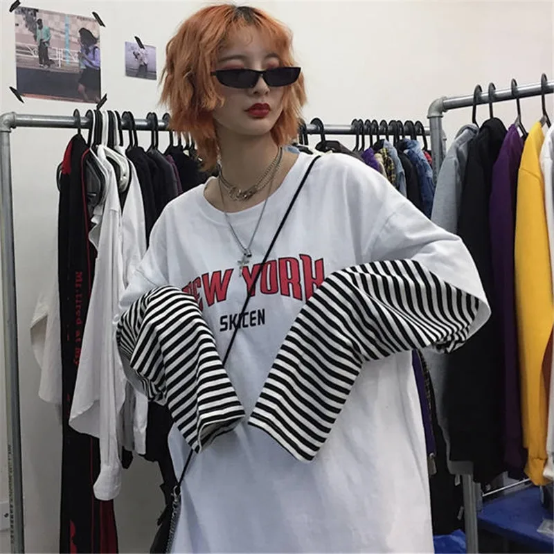 Harajuku футболка для мужчин осень бренд хип-хоп Письмо сплайсинга тройник Топ уличная одежда с длинным рукавом Мужская Повседневная Хип-Хоп Футболка женская