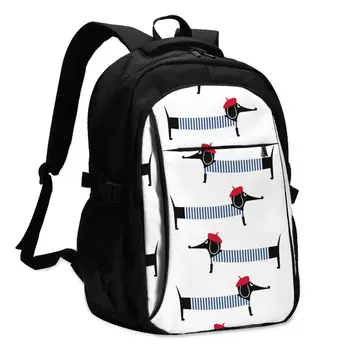 

Backpack USB Charge Parisian Dachshund With Red Beret And Striped Frock Student Backpack Letters School Bag Teenager Backpack