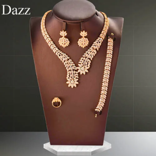 Dazz роскошный растительный лист нигерийское ожерелье набор украшений для женщин Свадебные с кубическим цирконом CZ Дубай золотой свадебный ювелирный набор подарки - Окраска металла: 01