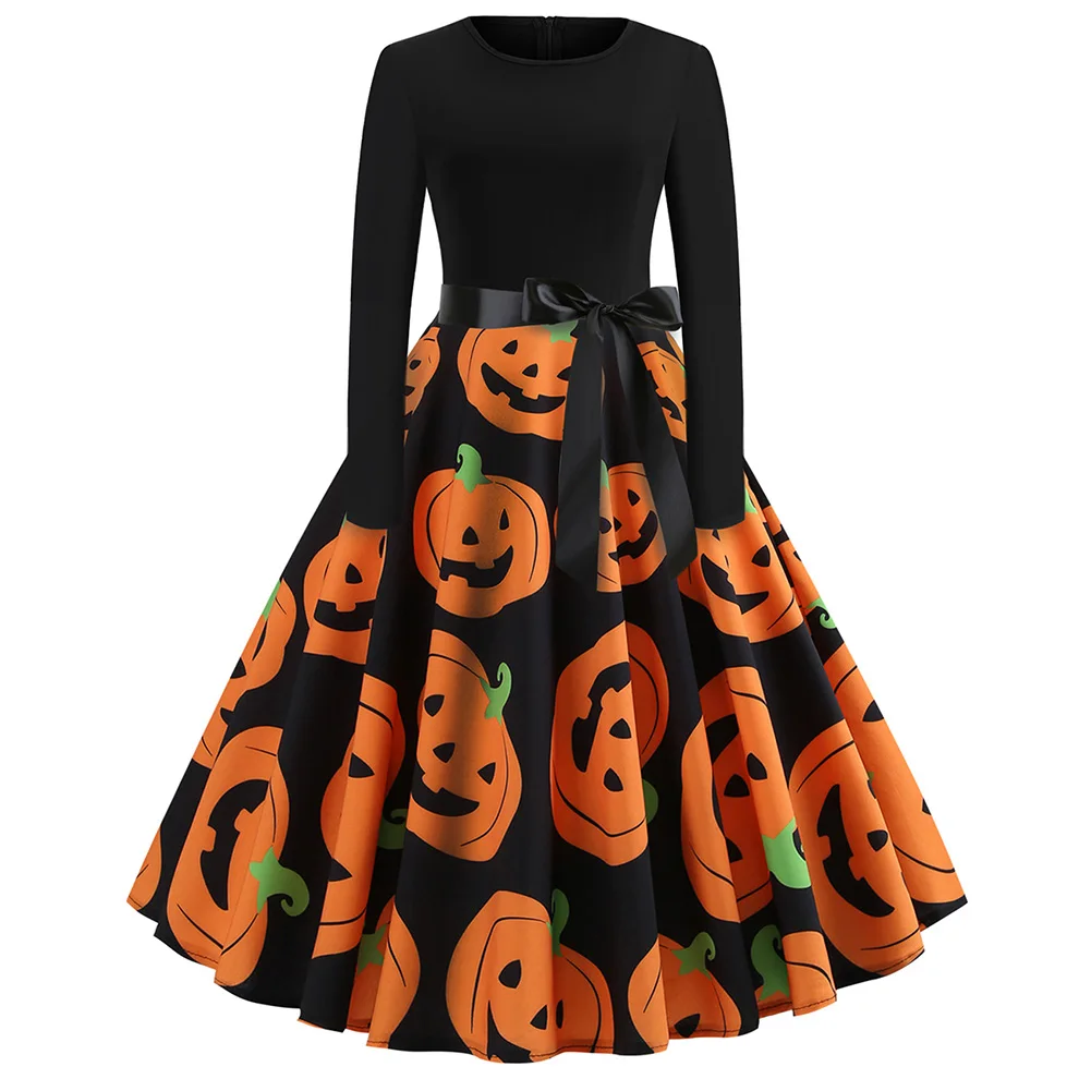 

Vintage Women Dress Long Sleeve Pumpkin Print Halloween Dress Robe High Waist Autumn Winter Casual Mid Dresses Female 2019 New